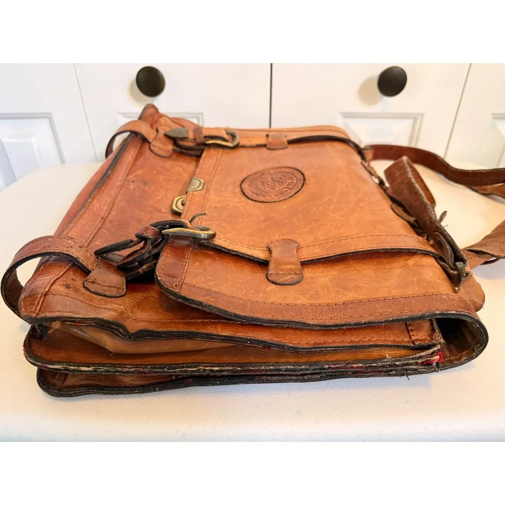 Leon Yamamoto Vintage Tan Leather Satchel Messenger Bag Mens Brown /Red Plaid